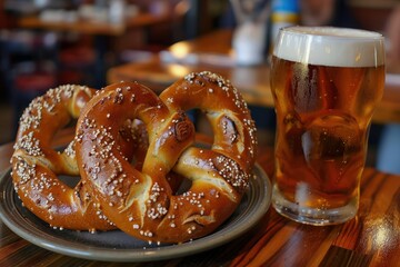 Fresh pretzels and craft beer in rustic pub setting