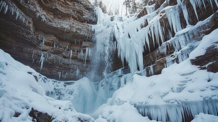 Frozen Waterfall: A Breathtaking Image of a Waterfall Transformed into a Winter Wonderland with Icicles and Snow