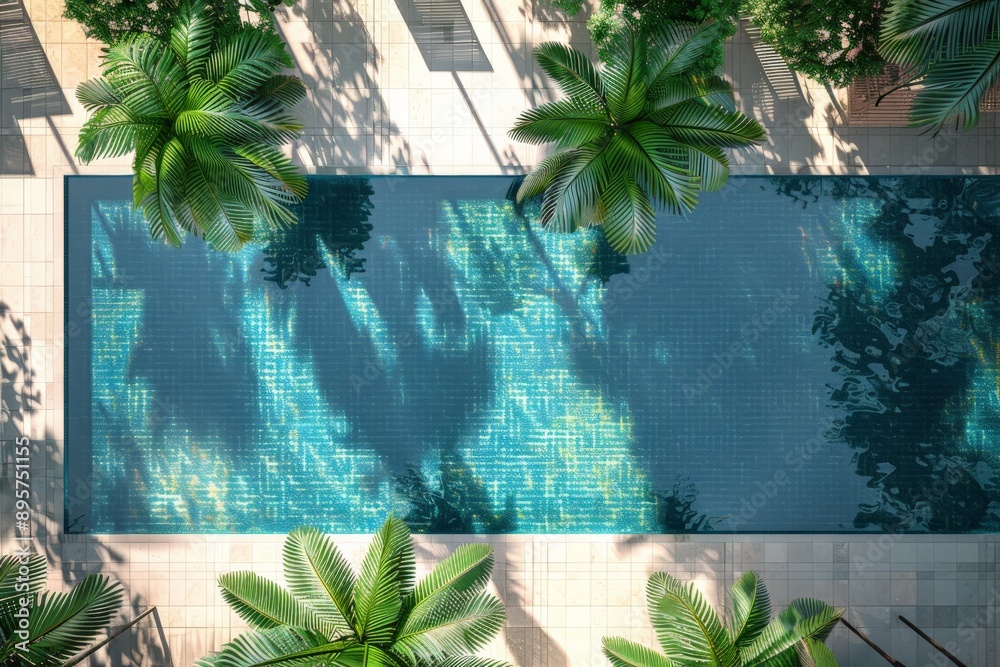 Aufkleber a serene view of a swimming pool with lush surrounding foliage, capturing the gentle interplay of li