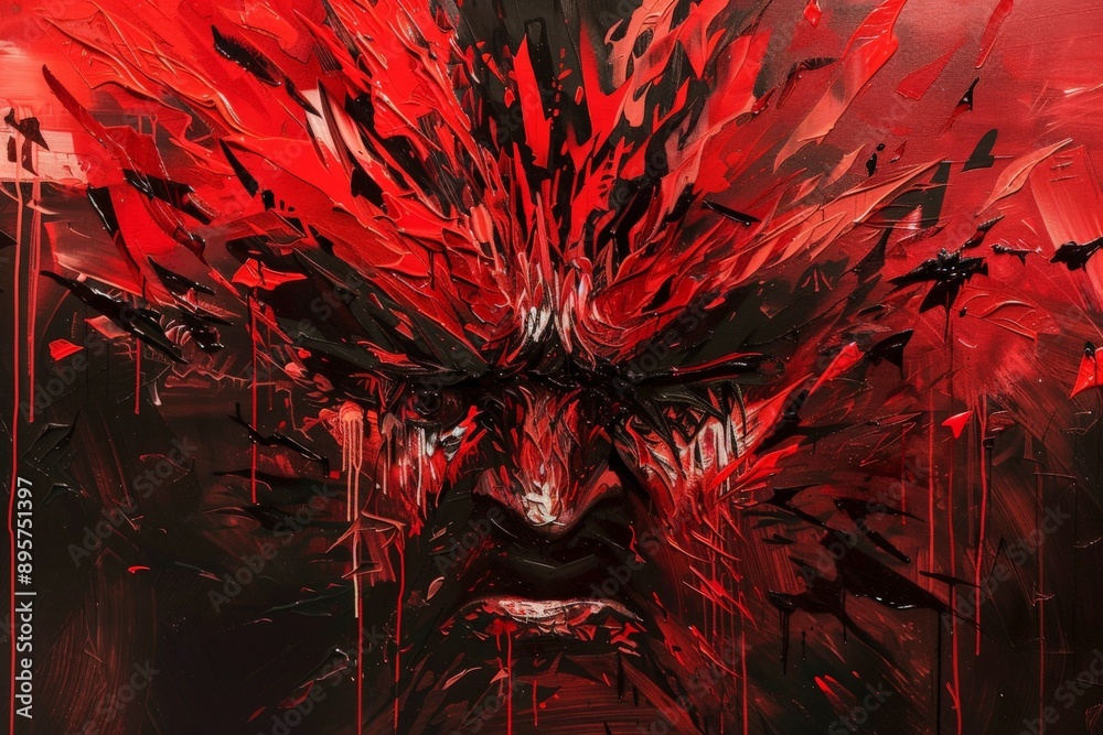Poster This abstract image focuses on a face with intense expressions, enveloped in vivid red flames, symbolizing extreme emotions, anger, and turmoil, created with dynamic strokes.