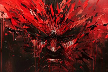 This abstract image focuses on a face with intense expressions, enveloped in vivid red flames, symbolizing extreme emotions, anger, and turmoil, created with dynamic strokes.