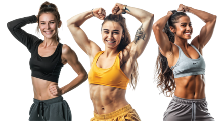 Pack of Happy female athletes flexing muscle set against transparent background