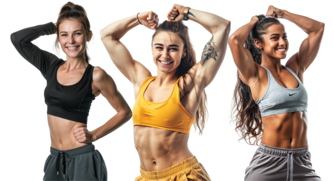 Pack of Happy female athletes flexing muscle set against transparent background