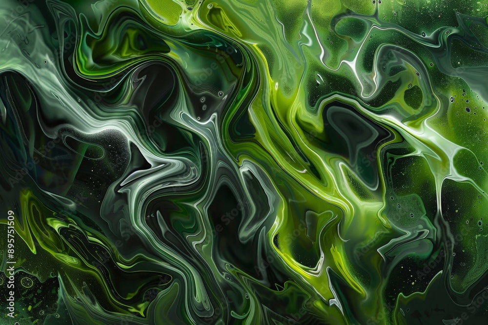 Aufkleber A captivating abstract artwork with green and black liquid-flowing patterns that create a surreal and dynamic visual effect, evoking a sense of mystery and depth.