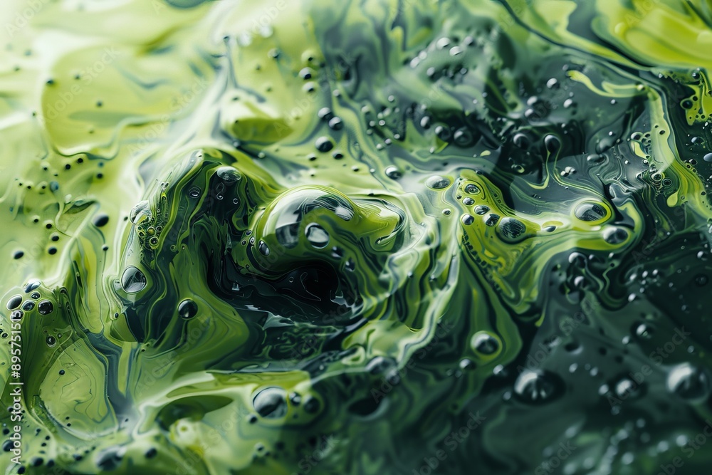 Poster An intriguing image featuring green and black fluid swirls creating a mesmerizing abstract pattern with bubbles that evoke a sense of depth and natural beauty.