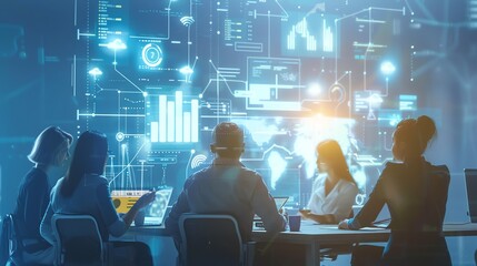 A team of professionals collaborating in a futuristic office with digital screens showing data and analytics.