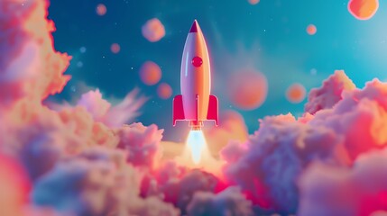 Fototapeta premium A vibrant illustration of a rocket launching into space amid colorful clouds and starry skies, symbolizing exploration and innovation.