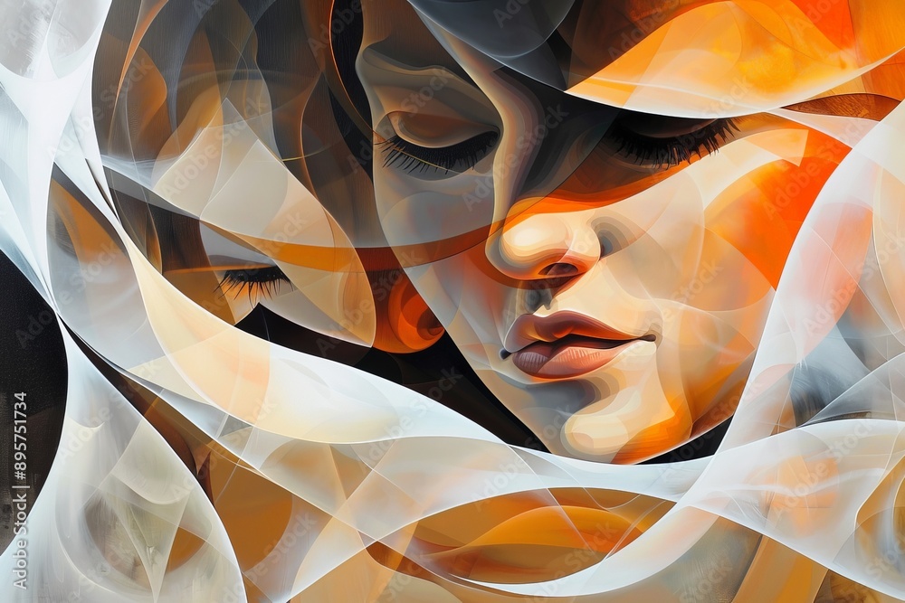 Poster This abstract painting features entwined faces with radiant colors, highlighting fluid lines and layers, creating a dynamic sense of movement and emotional depth.