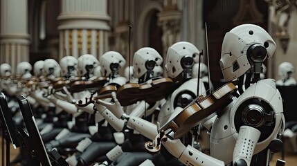 robot orchestra performing a classical piece with precision and emotion. 