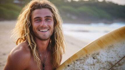 Smiling surfer with long blond hair holds his surfboard on the beach after a day of riding waves, embodying a carefree, active lifestyle in the summer sun.