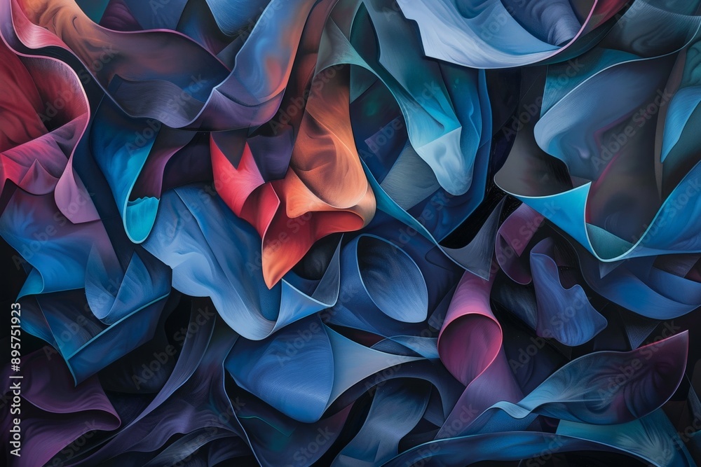 Poster This abstract painting features flowing shapes in blue and pink shades, creating a captivating and serene atmosphere with its soft lines and harmonious color palette.