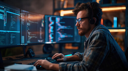 Focused programmer coding at multimonitor setup with dark mode screens in modern workspace