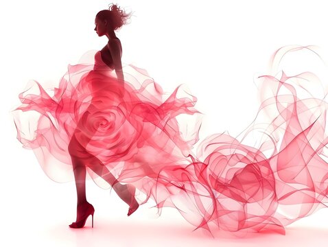 A silhouette of a woman in a flowing red dress, her form accentuated by the ethereal fabric that swirls around her, creating an artistic and elegant impression.