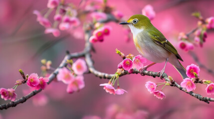 A small bird perches on a branch full of vibrant pink blossoms, showcasing springtime beauty and nature's delicate charm.