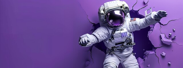Fototapeta premium An Astronaut Breaking Through a Purple Background. Creative Banner Design with Blank Copyspace for Custom Advertising and Messaging