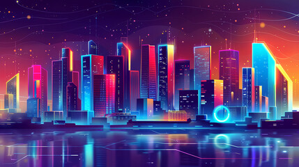 Futuristic neon-lit cityscape at night, dynamic energy, advanced technologyVector illustrations