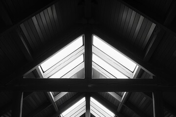 A visually appealing black and white image capturing the interior view of a building with symmetrical wooden ceiling beams and natural light filtering through skylights.