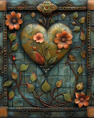 Heart and flowers painting on blue background with paint splash and pink blossom detail