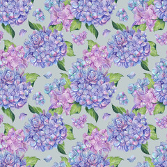 Flower watercolor pattern with hand-painted illustrations of violet and blue hydrangea flowers and leaves on a dust-green background.
