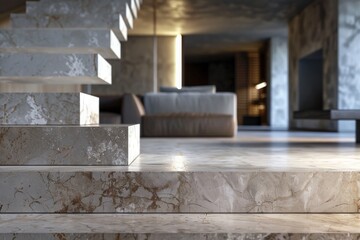 An opulent interior with a stunning marble staircase leading to a modern living area, emphasizing luxury and refinement in the architectural design and decor.