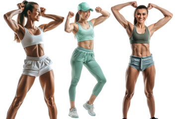 Pack of Happy female athletes flexing muscle set against transparent background