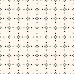 Simple minimalist floral pattern. Minimal seamless texture with small flower shapes. Abstract black and white geometric background. For print, package