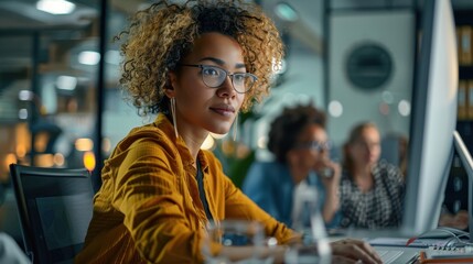 Focused woman working late in a modern office setting with colleagues