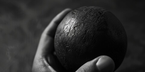 Close-up of a hand cradling the surface of a fruit, set against a black background with dramatic lighting to emphasize texture and focus on the object.
