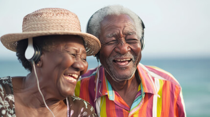 An elderly African American couple sharing headphones and laughing, enjoying music by the seaside.