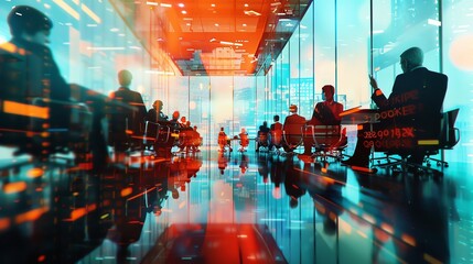 Abstract image of business meeting in high-tech office with colorful digital overlays, reflecting modern corporate environment.
