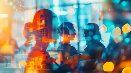 Fototapeta premium Abstract image of people in a modern city office setting with vibrant colors, showcasing communication and collaboration.