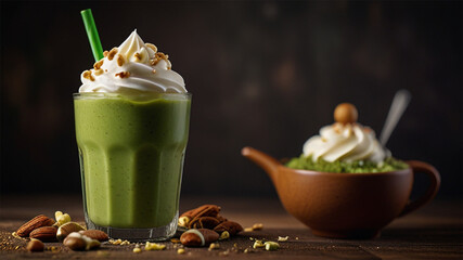 Green tea blended with whipped cream ,Smoothie vegetables with whipped cream