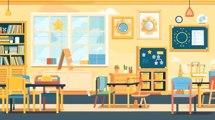 Bright and colorful classroom with desks, chairs, and educational decorations, perfect for learning and teaching.