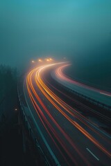 Night shot of a curved highway glowing with amber light trails, set against a foggy backdrop, creating a serene yet dynamic visual effect.