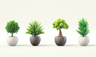 Obraz premium Plant shoot, potted houseplant, tree, grass, 3d cartoon icon set white background