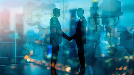 Fototapeta premium Businessmen shaking hands amidst a virtual background, symbolizing a successful business deal in the digital age.