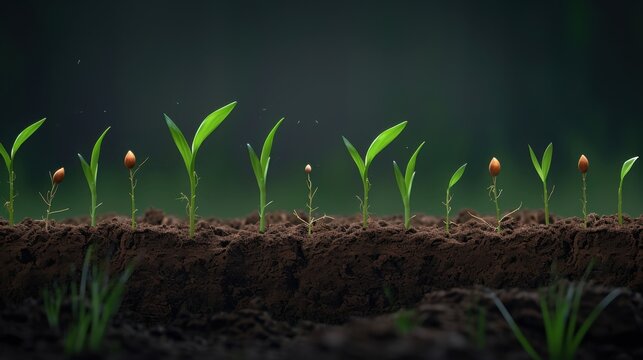Close-up time lapsed images showing corn growth from seedlings to stalks.