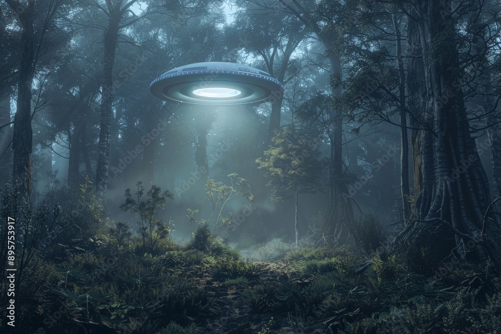 Poster An alien spaceship hovers in a twilight forest, casting a beam of light onto the ground, creating an otherworldly and mystical ambiance through the misty, dense trees.