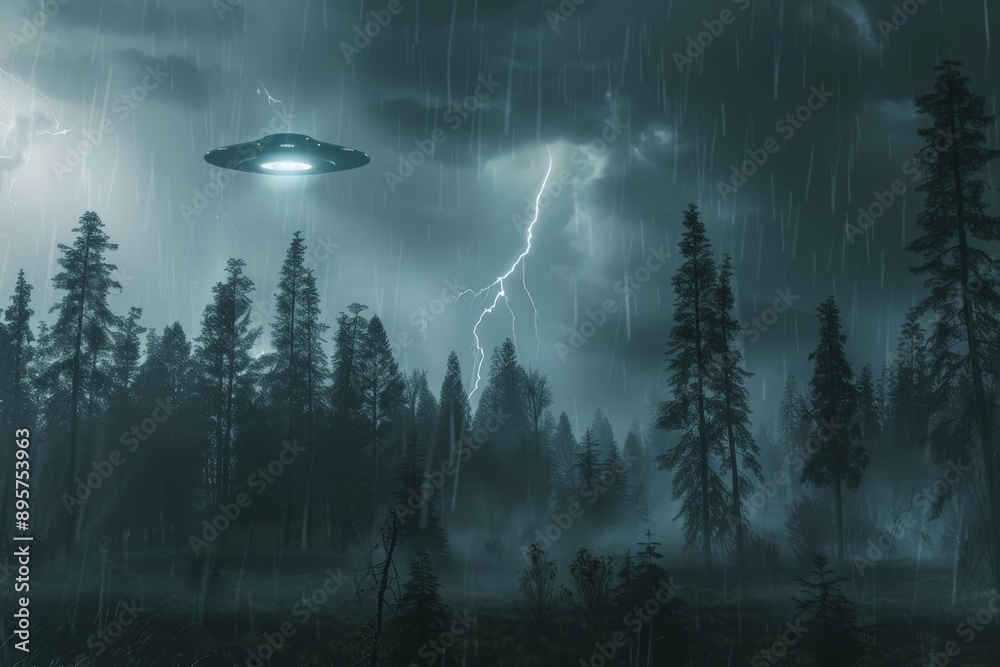 Poster a ufo enlightens a rainy, stormy forest night with its powerful light, highlighting the trees and cr