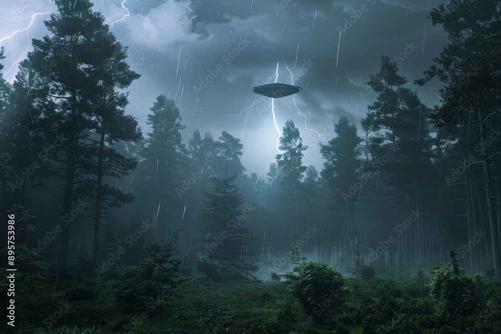 Poster a mysterious unidentified flying object hovers over a dense forest, illuminated by dramatic lightnin