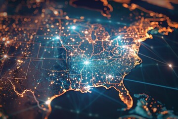 Fototapeta premium Map of United States highlighting internet connectivity, symbolizing the vast interconnectivity that powers digital America.