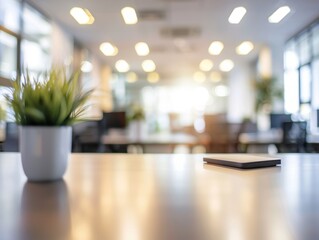 Clean, minimalistic office environment with high ceilings and natural light. Includes desk, modern furniture, and indoor plants.