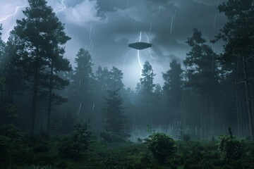 A mysterious unidentified flying object hovers over a dense forest, illuminated by dramatic lightning during a storm, casting an eerie and exciting ambiance.