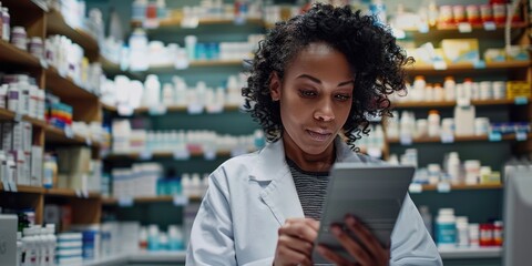 A pharmacist in a professional setting, looking at digital information to make informed decisions about prescriptions and patient care.