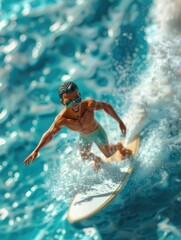 A man in swim trunks surfing a wave on the ocean. He's wearing sunglasses and enjoying the thrill of riding the waves.