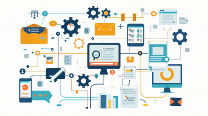 An infographic depicting an enhanced business process workflow with integrated automation systems and advanced technology for increased productivity