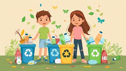 Children recycling plastic waste in nature with colorful bins, promoting environmental awareness and sustainability.