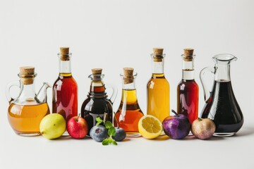 Various bottles of cooking oils, including vinegar, and fresh fruits used in food preparation.