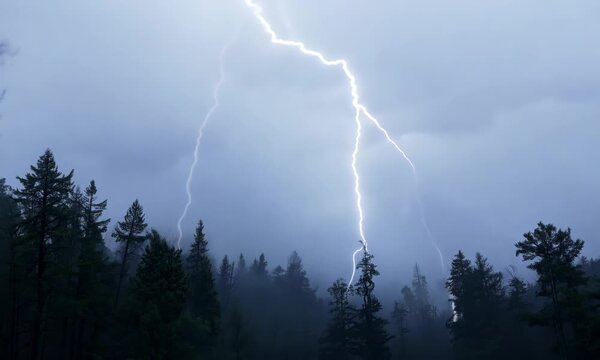 A dark sky with a lightning bolt and trees in the background. Scene is ominous and foreboding