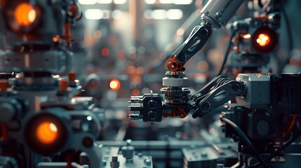 Fototapeta premium Close-up of robotic arms working on industrial machinery in a high-tech factory setting with glowing lights and detailed components.